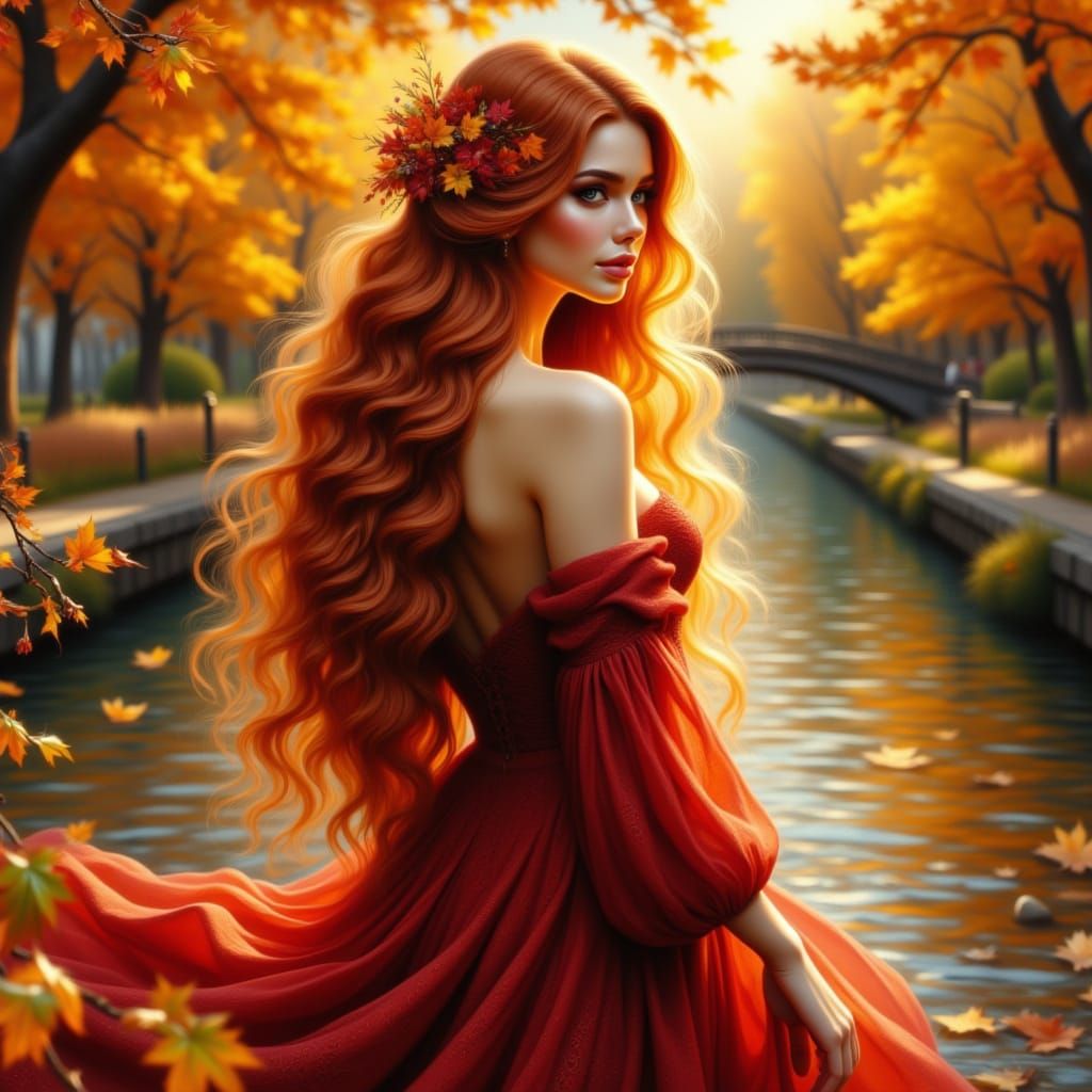Autumn Princess by River in Warm Light - Fantasy Digital Art