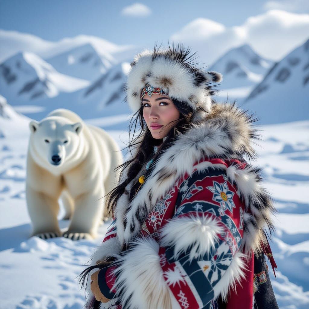 Inuit Woman and Polar Bear in Oil Painting Style