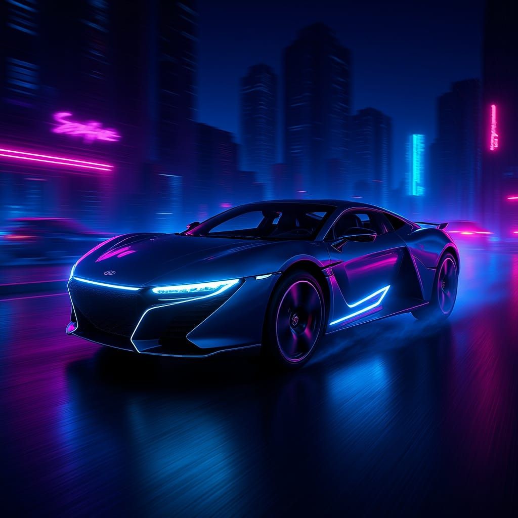 Cyberpunk Hypercar Speeding Through Neon City