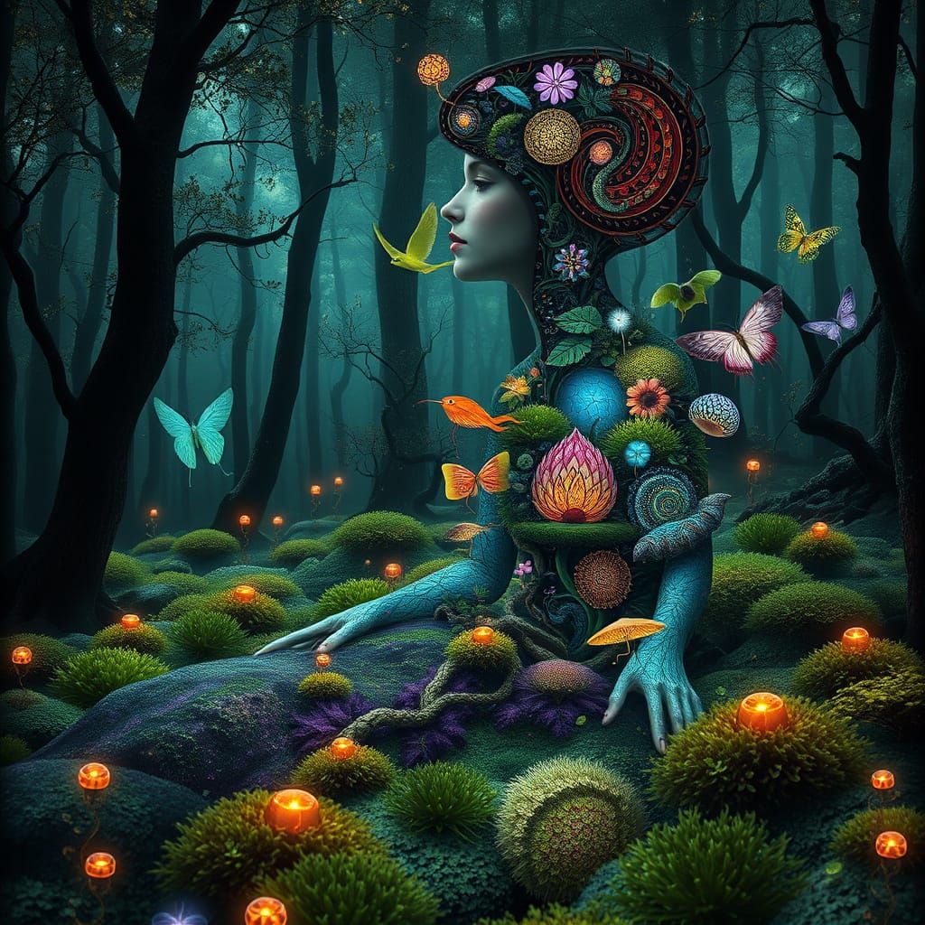 Bioluminescent Forest with Mythical Creatures in Bio-Art Sty...