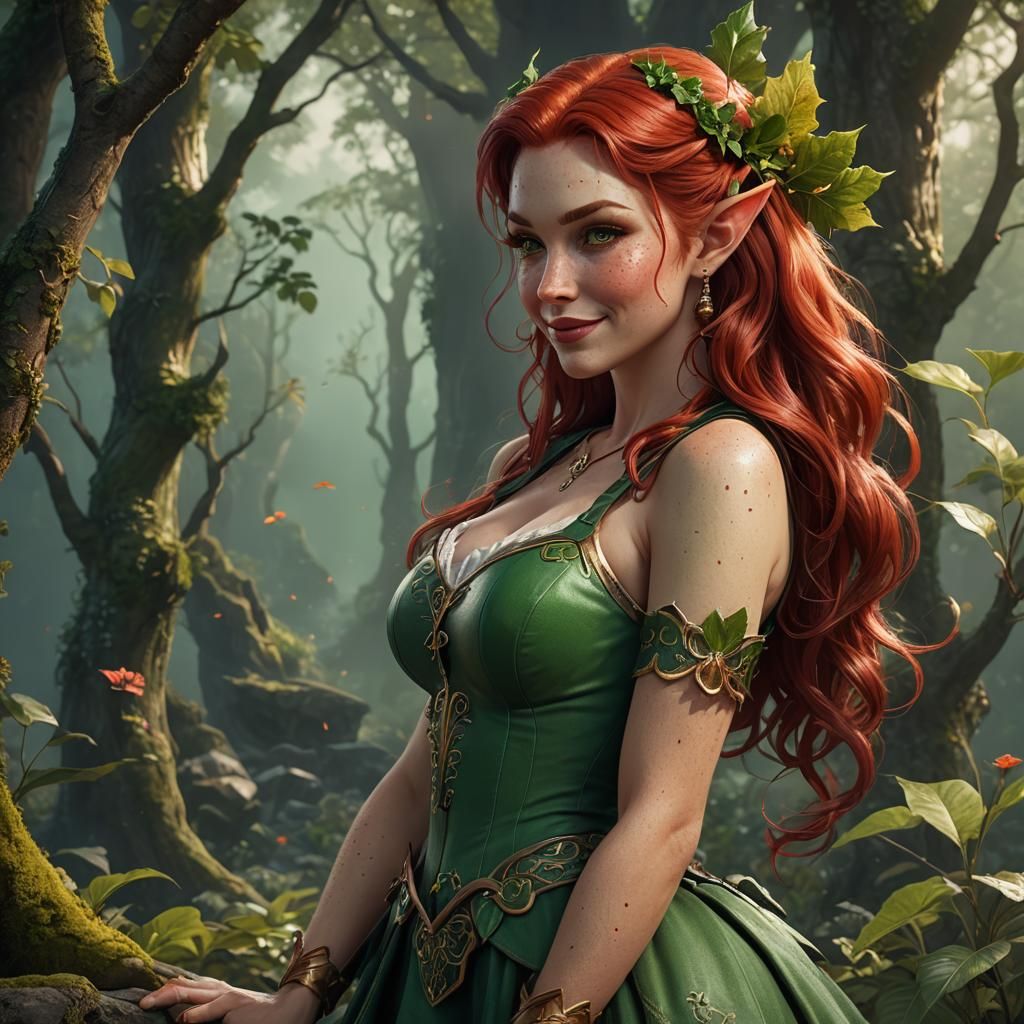 Pin-Up Elf with Red Hair, Detailed Matte Painting