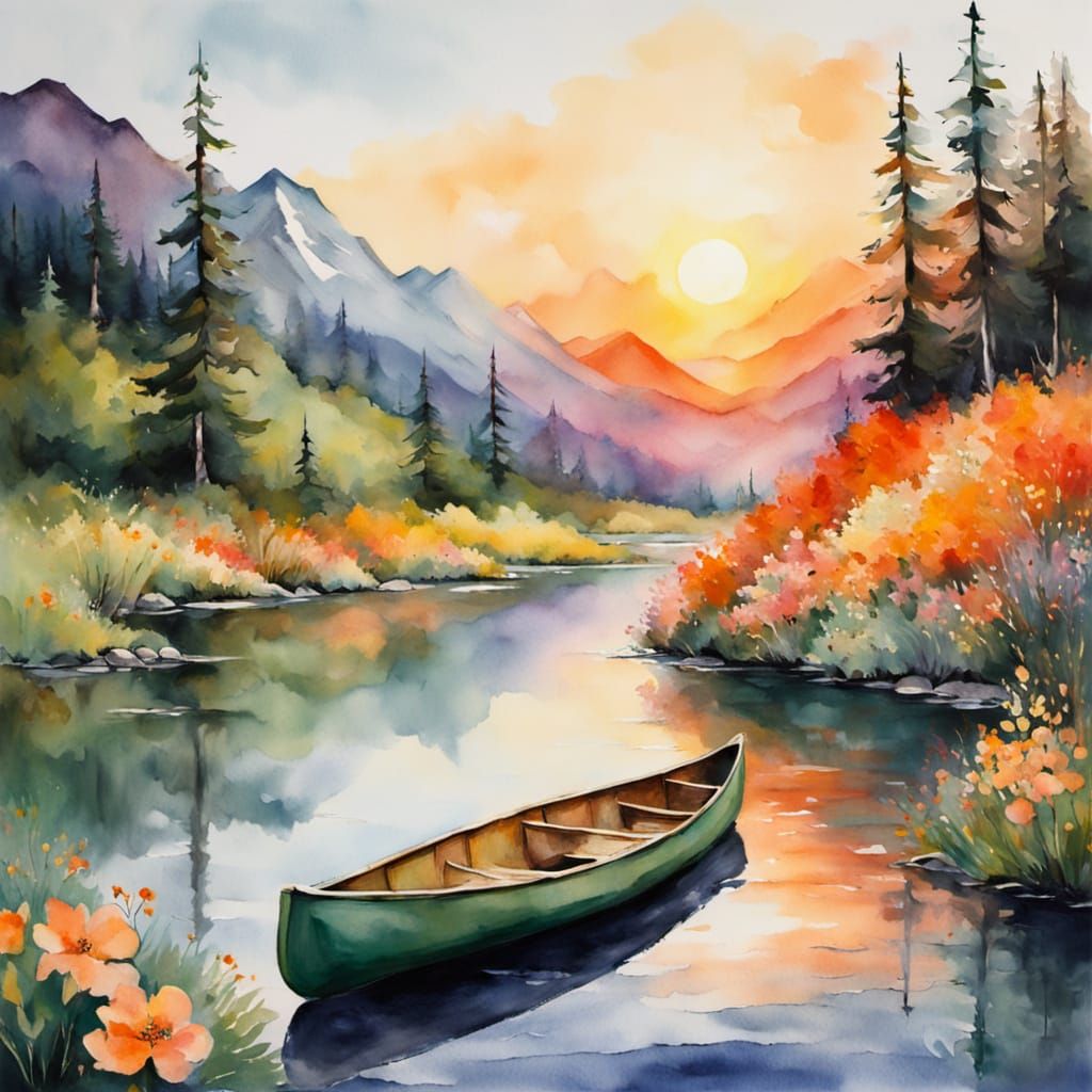 Vibrant Watercolour Canoe at Alpine Sunset