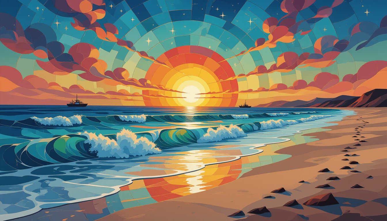 Abstract Ocean Sunset in Impasto Painting Style