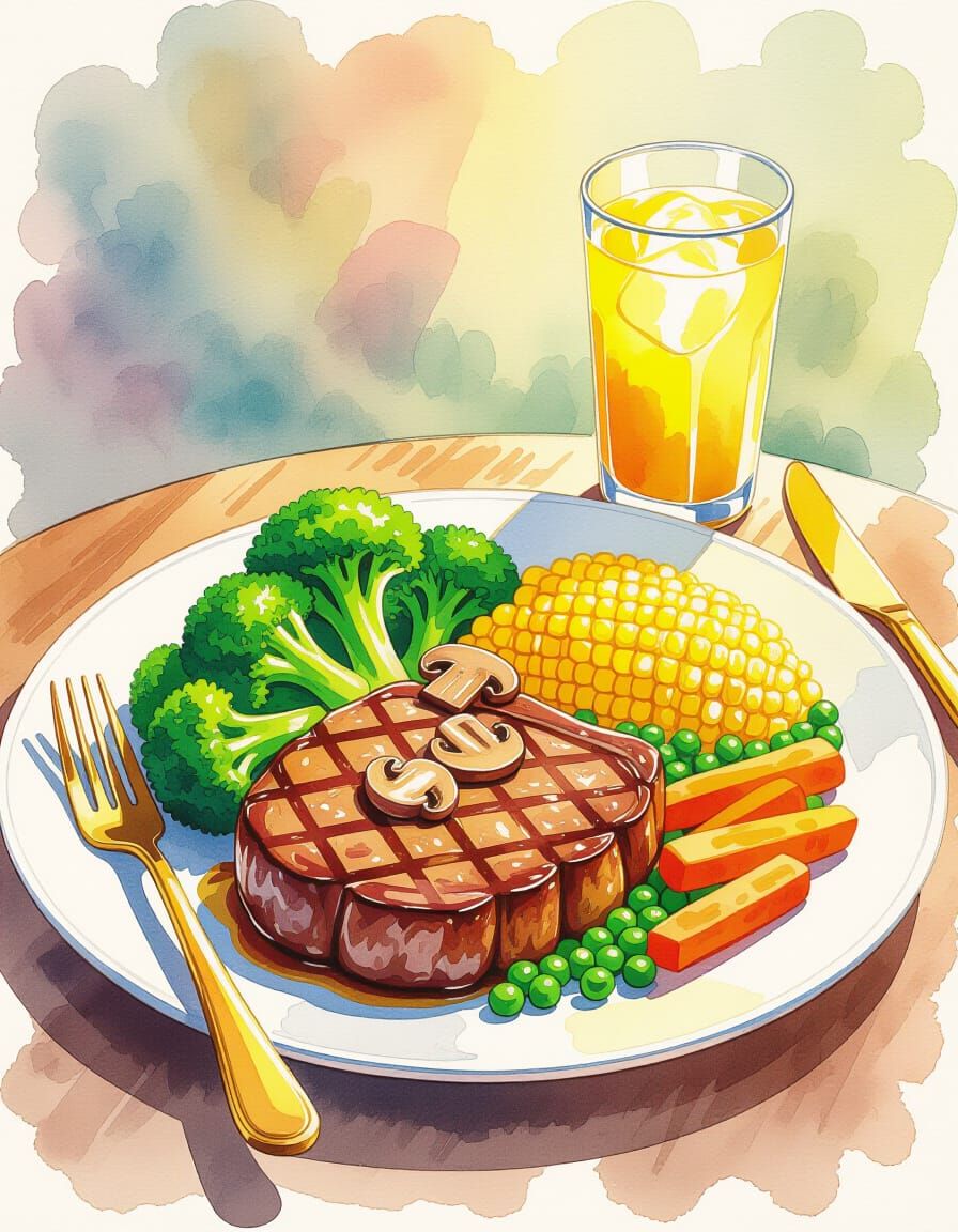 Vibrant Watercolor Steak Dinner with Lemonade