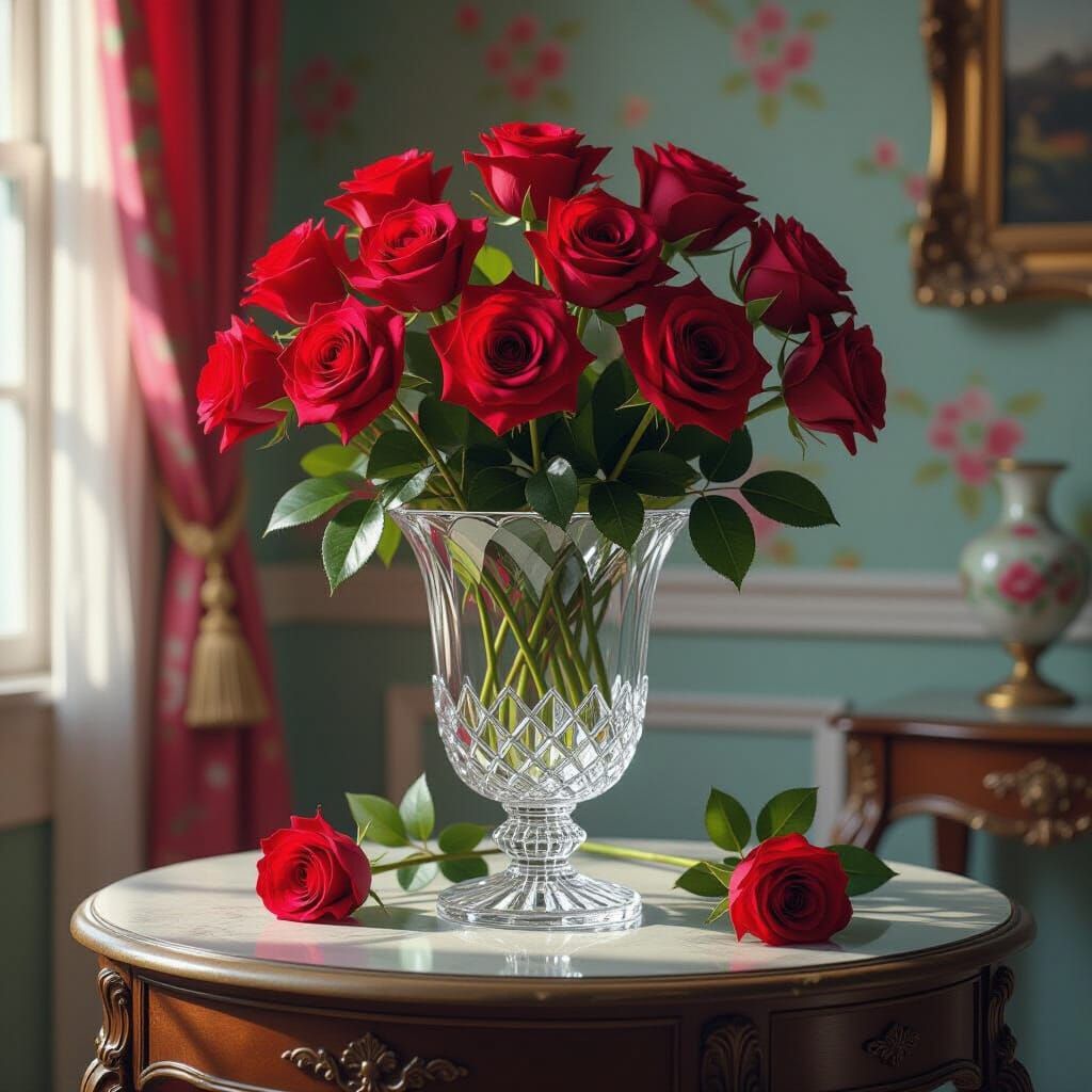Ornate Vase With Red Roses in Digital Art Style