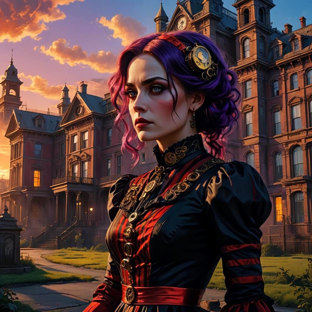 Steampunk Woman Outside Asylum With Purple Sky