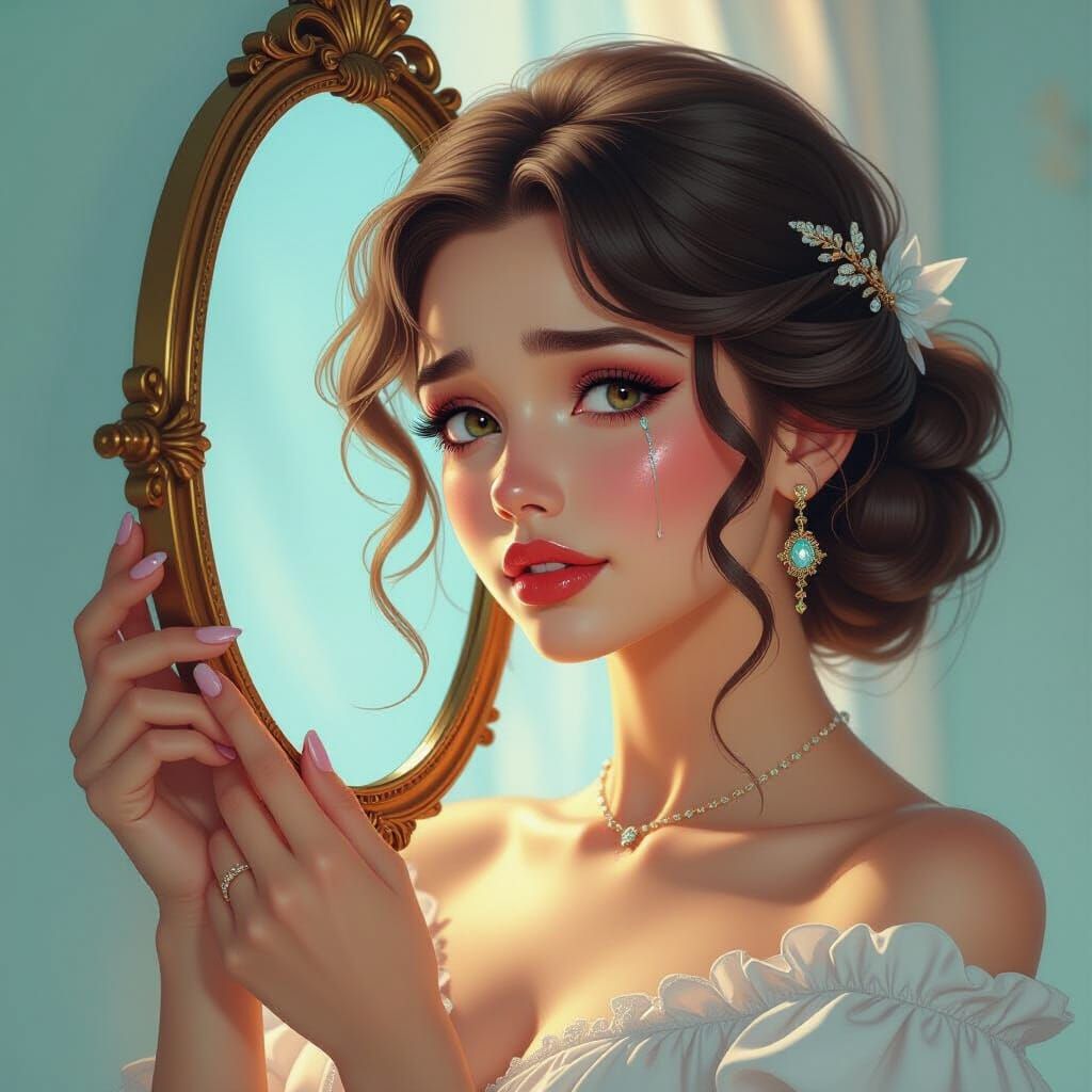 Woman Holding Mirror Reflecting Sadness: Concept Art
