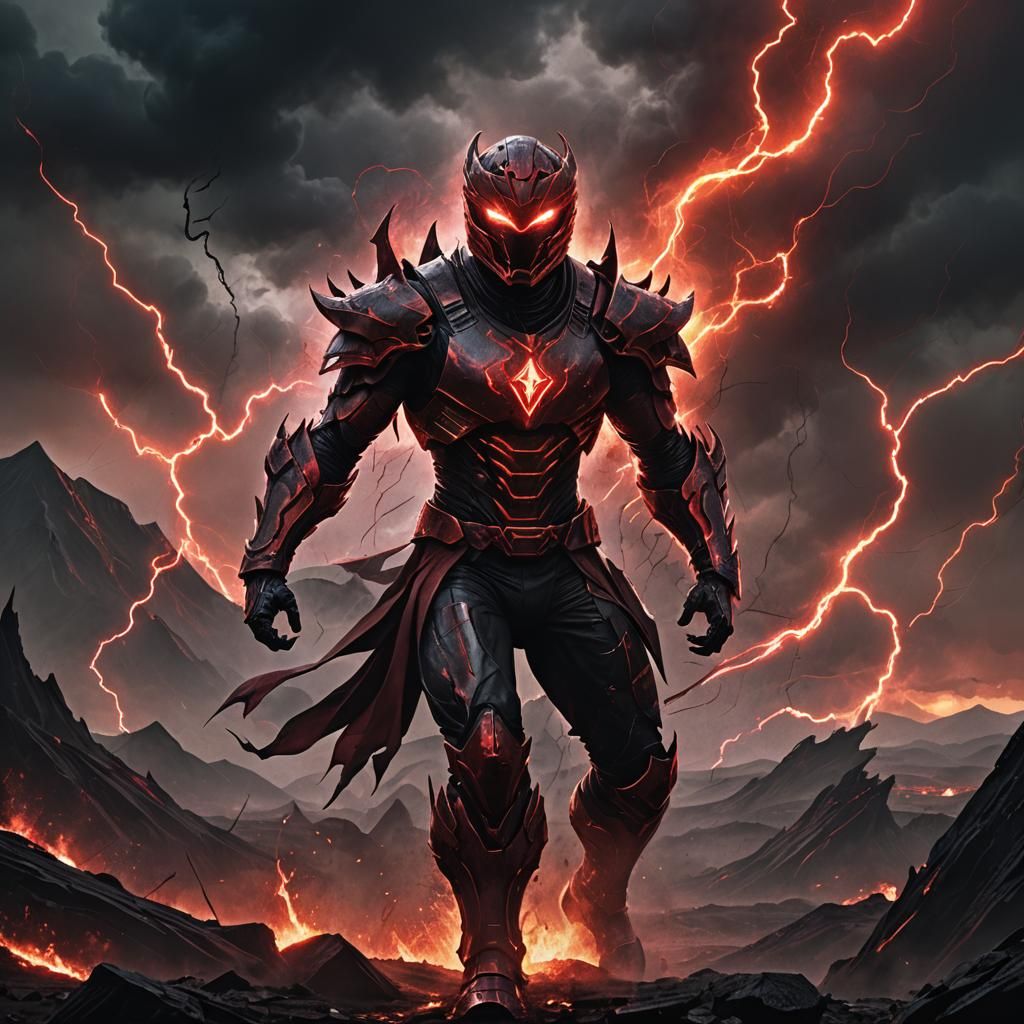 Demonic Power Ranger in Dystopian Landscape