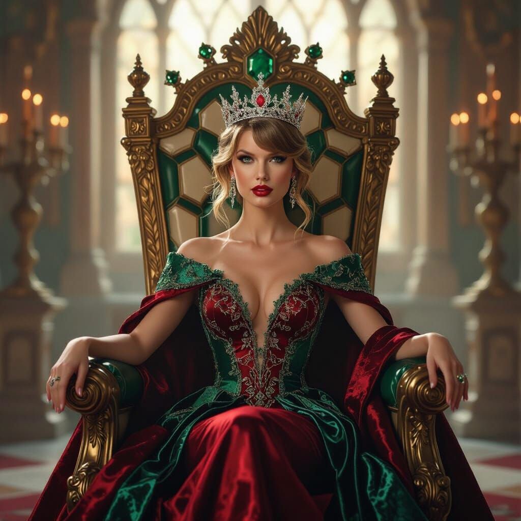 Taylor Swift in Regal Crimson and Jade Dress on Hexagonal Th...