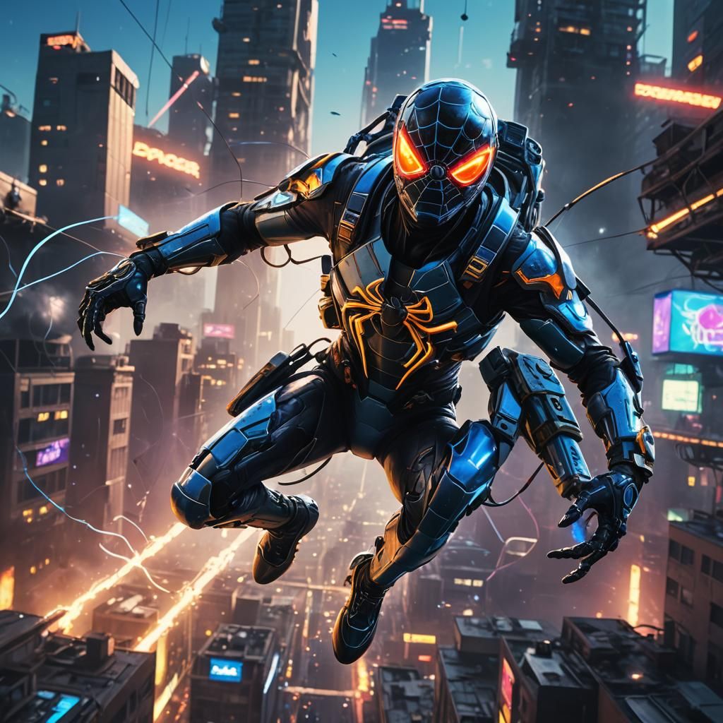 Metallic Spider Skydiving in Apocalyptic Cityscape