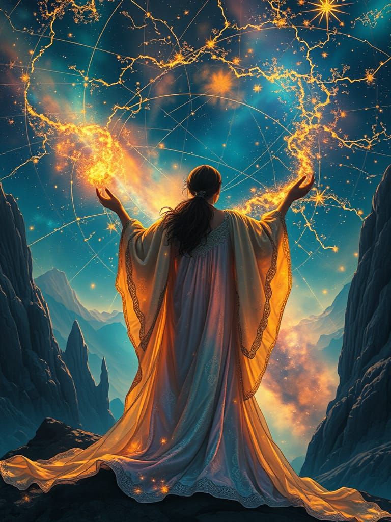 Celestial Cartographer Mapping Stars in Art Nouveau Style