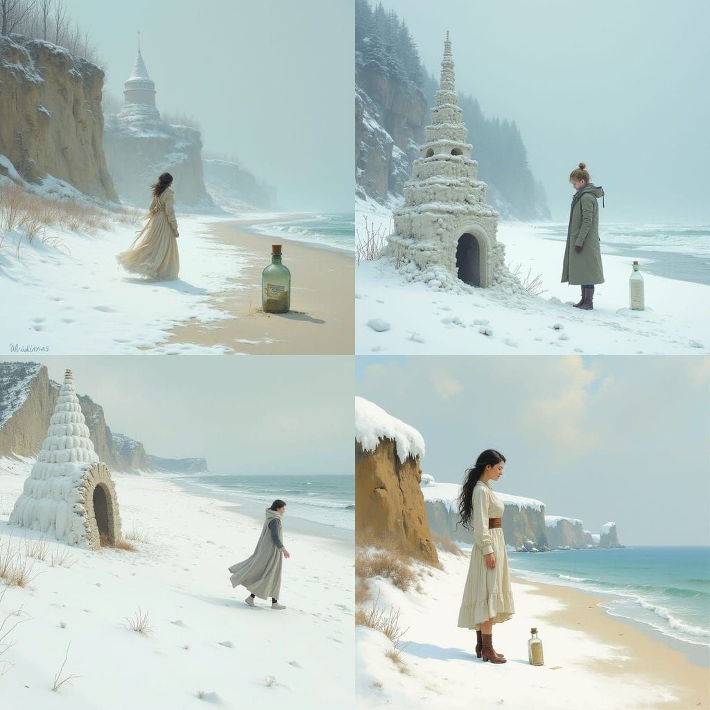 Winter Beach: Message in a Bottle by Sandcastle