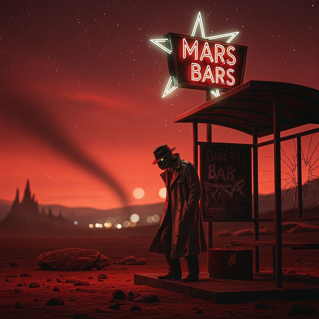 Martian Spy at Red Planet Bus Stop in Film Noir