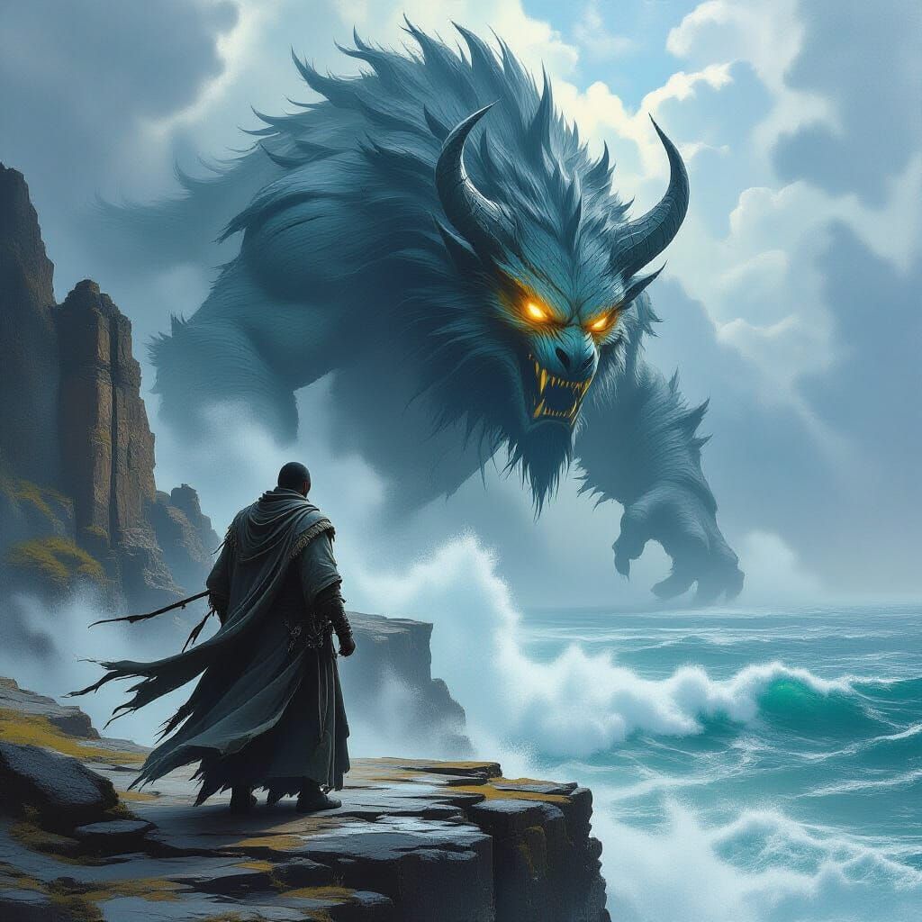Warrior Monk Battles Sea Beast on Cliff Edge