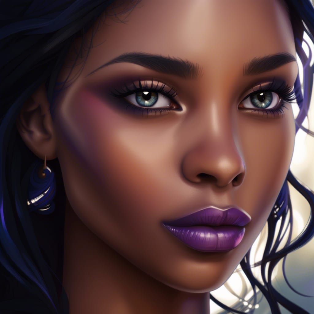 Beautiful African-American woman with long black hair and brown eyes with cobalt blue eyeshadow with cobalt blue eyeline...