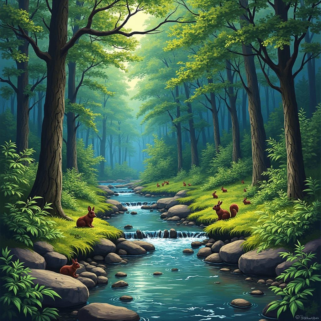 Forest Brook with Woodland Creatures in Van Gogh Style