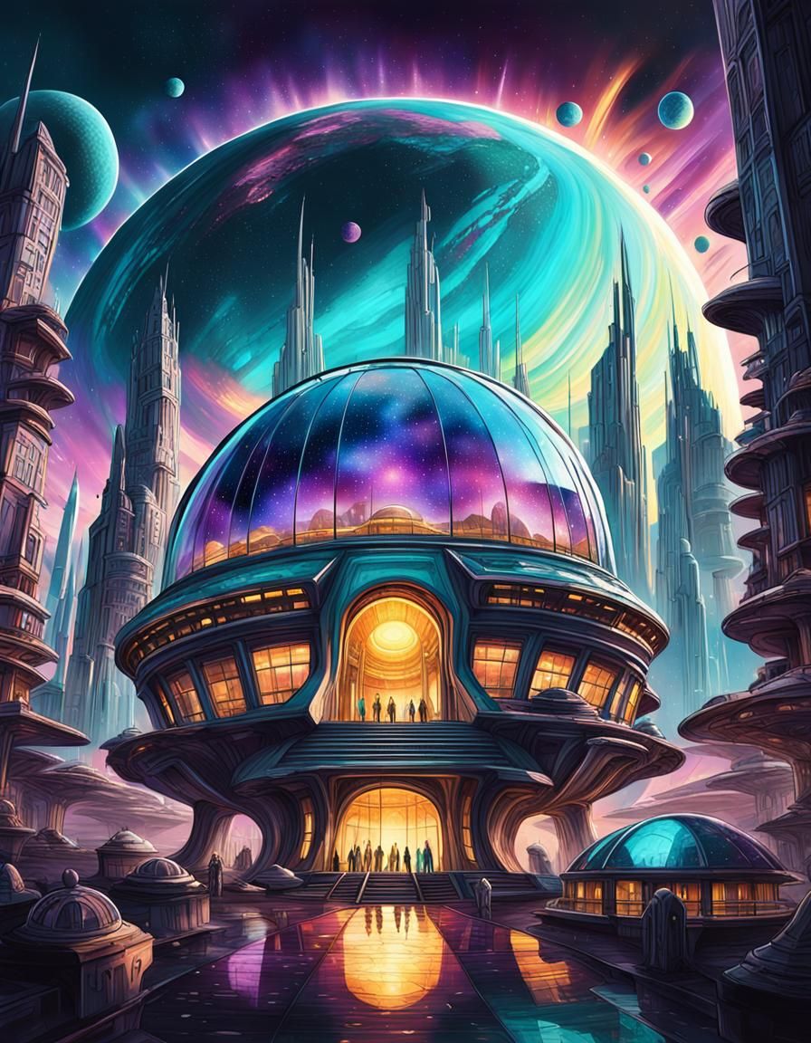Vibrant Alien City Under Glass Dome in Space