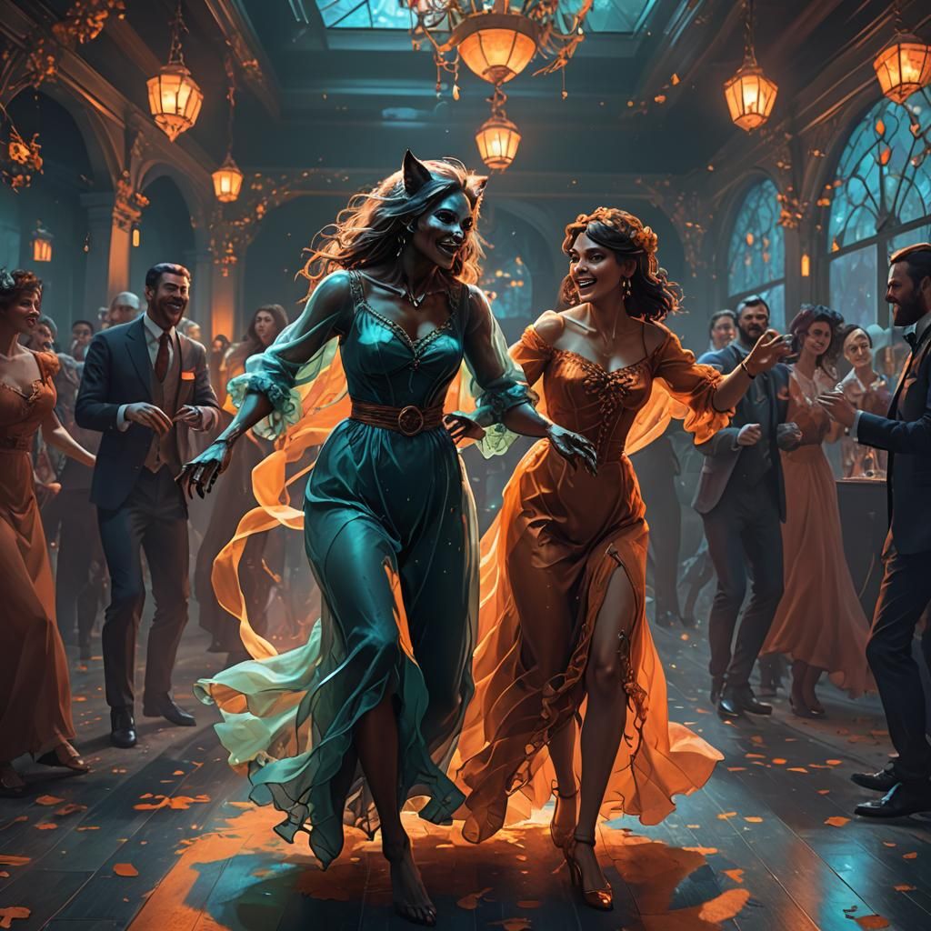 Ghostly Woman and Werewolf Dancing at Halloween Party