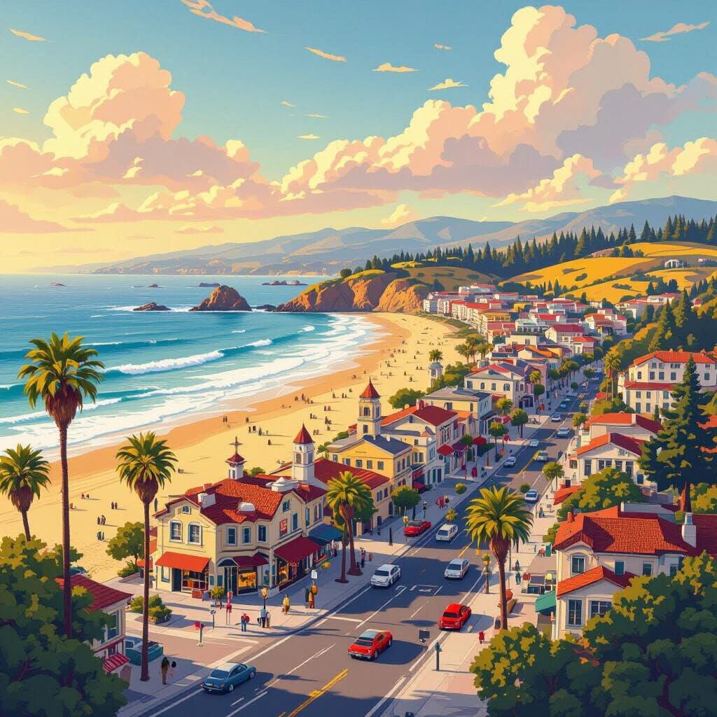 Colorful Folk Art Santa Cruz Scene in Acrylic Style