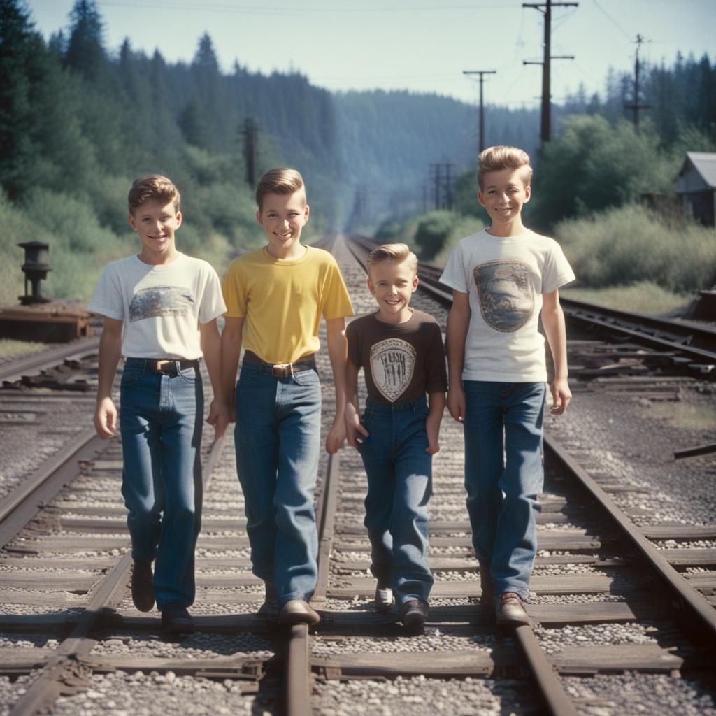 1950s Oregon Boys on Railroad Tracks