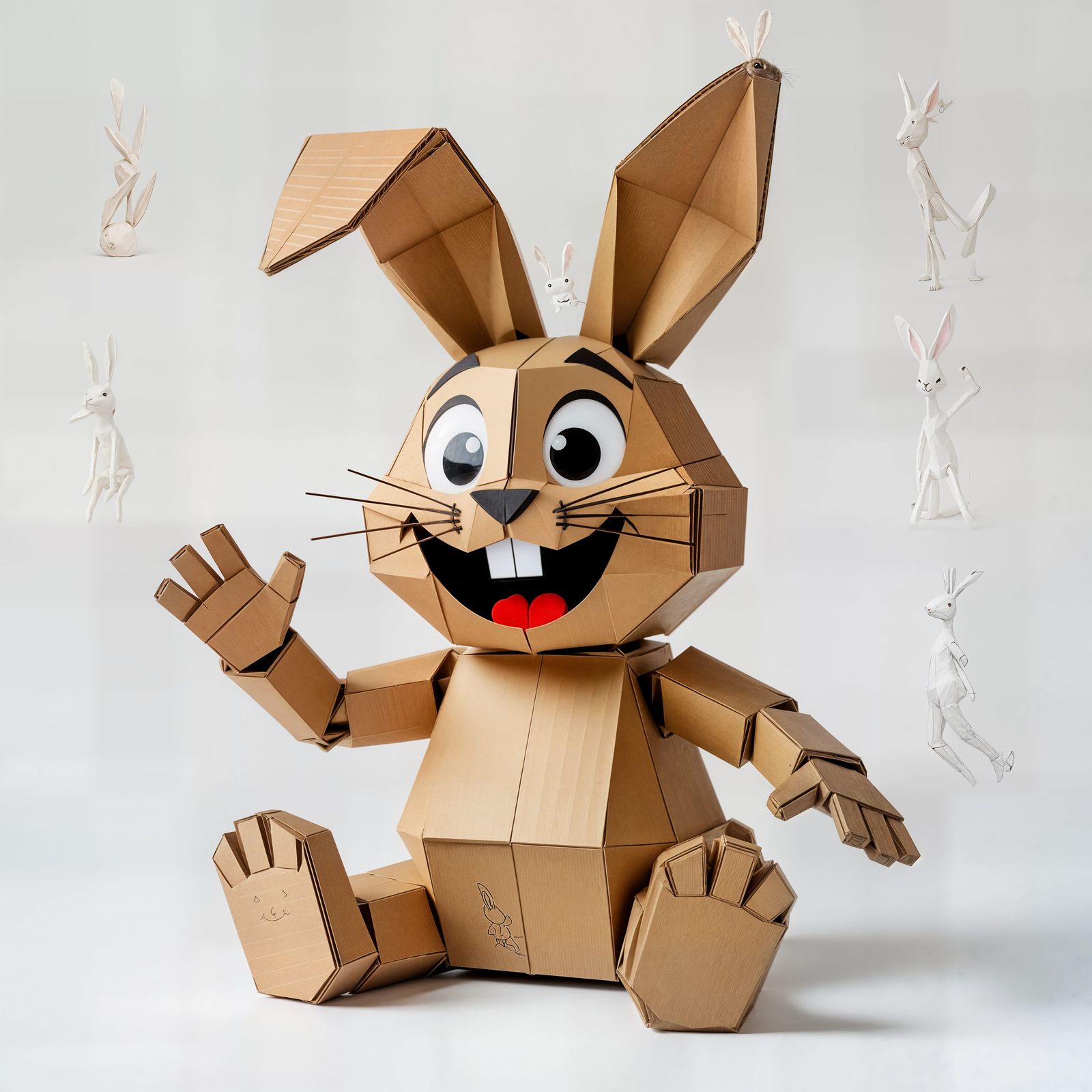 Playful Cardboard Bunny Sculpture on White