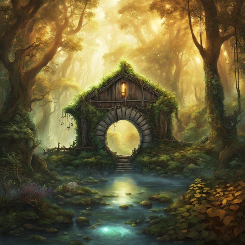 Surreal Waterwheel Enchanted by Forest Spirits in a Sacred G...