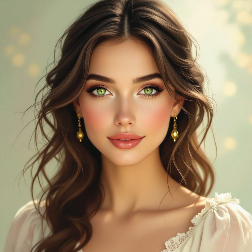 Evgenia Portrait: Green Eyes, Dreamy Smile in Pre-Raphaelite...
