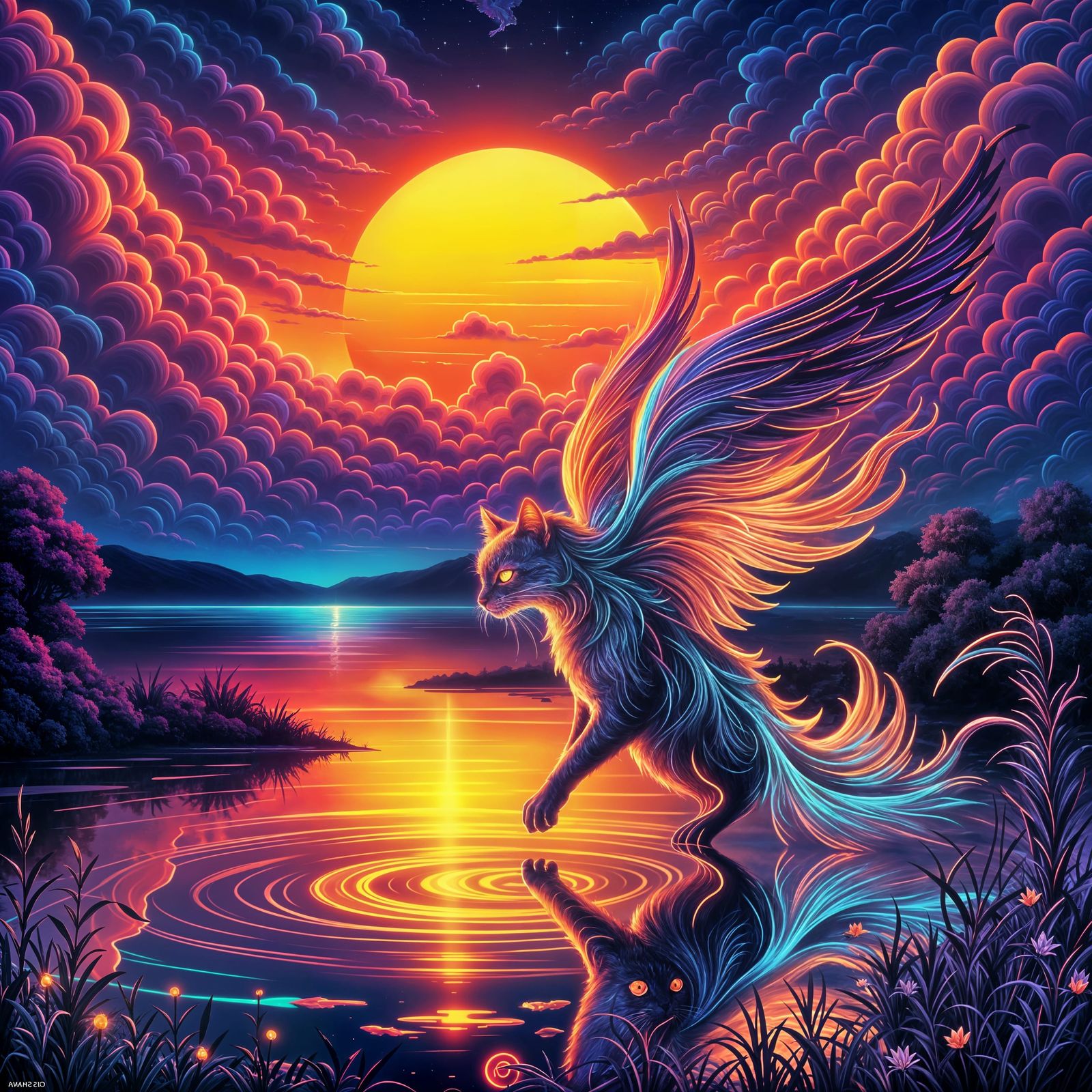 Neon Catbird in Cosmic Sunset Over Marsh
