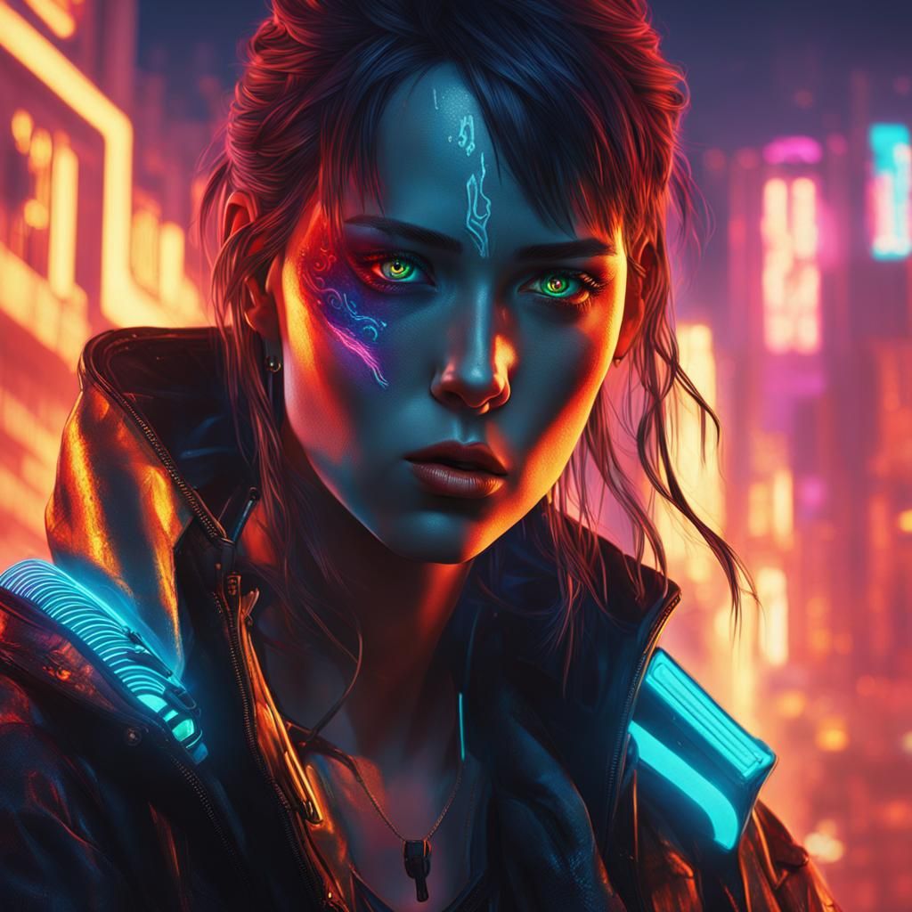Cyberpunk Girl with Fiery Eyes in Neon City