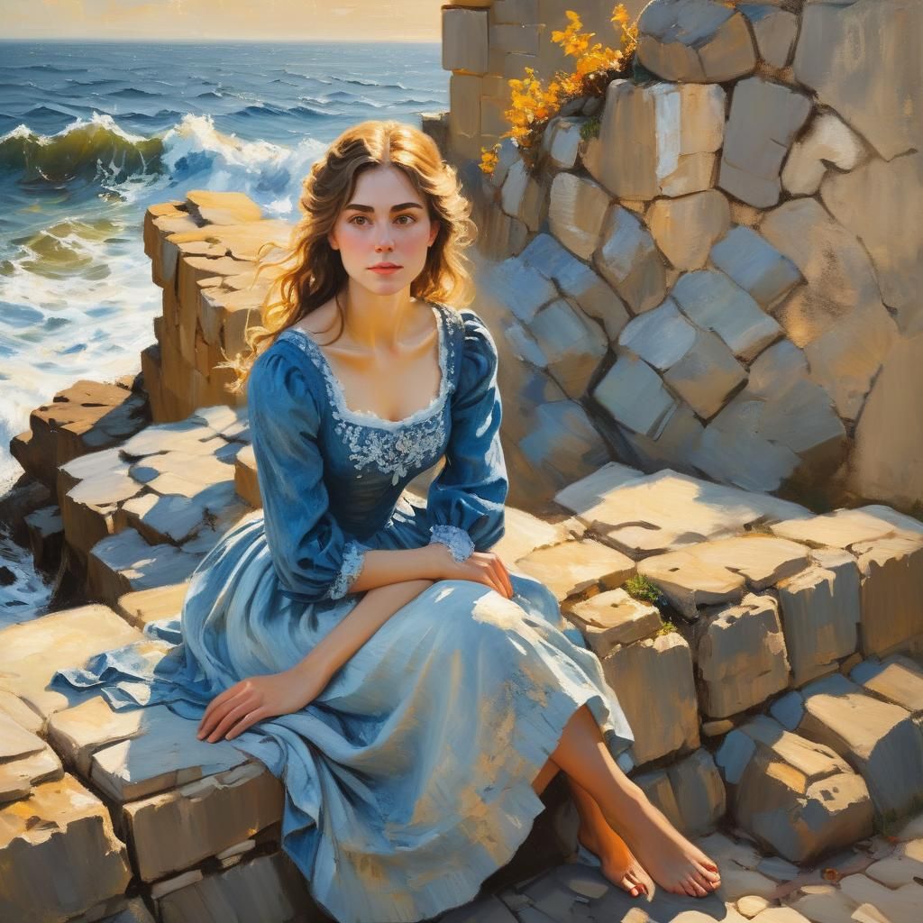 Girl in Blue Dress: Renaissance Impasto Portrait