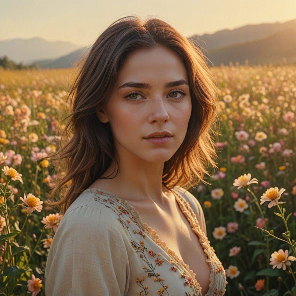 Woman in Flower Field: Vibrant Oil Painting