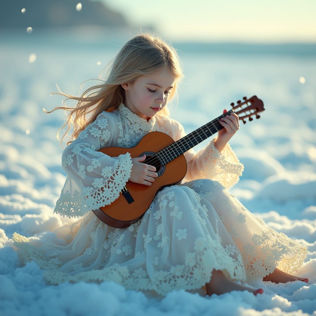 Girl Playing Guitar on Frozen Beach, Hyperdetailed