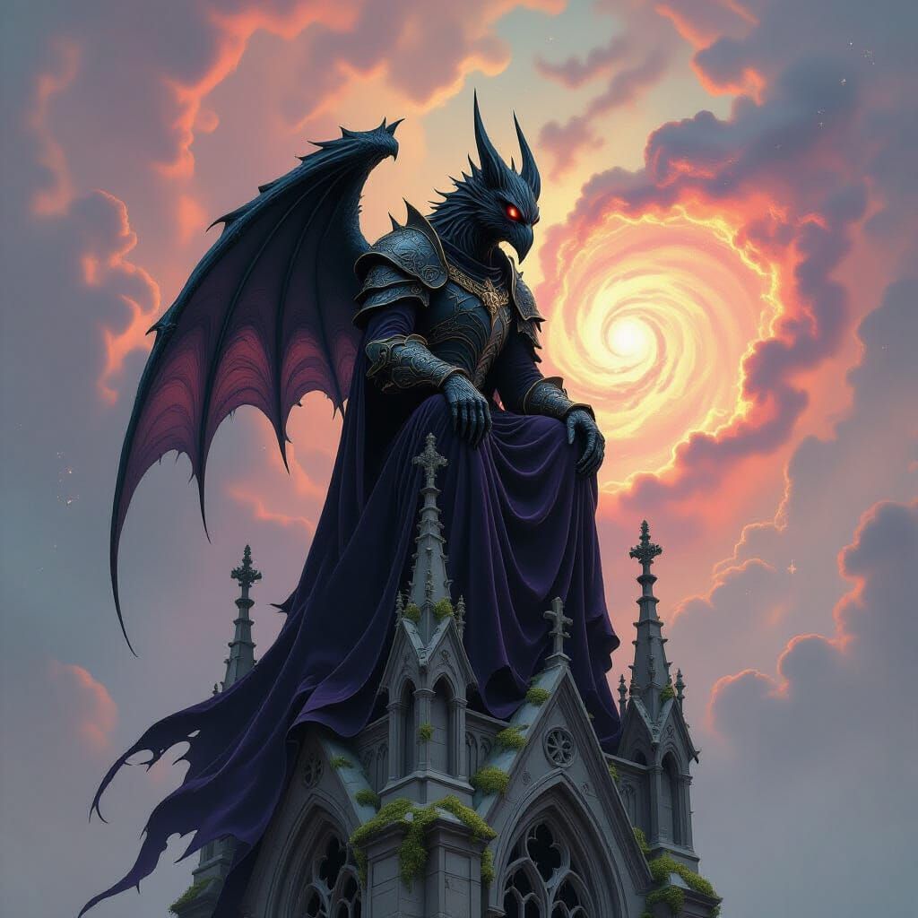 Gothic Gargoyle Silhouetted Against Cosmic Nebula