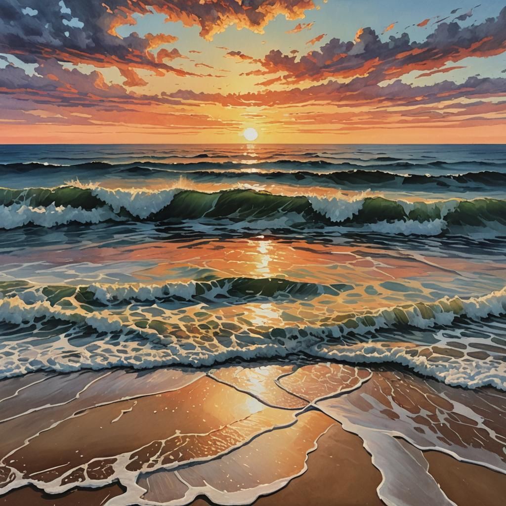 Beach Sunset Gouache Painting with Heavy Impasto Texture