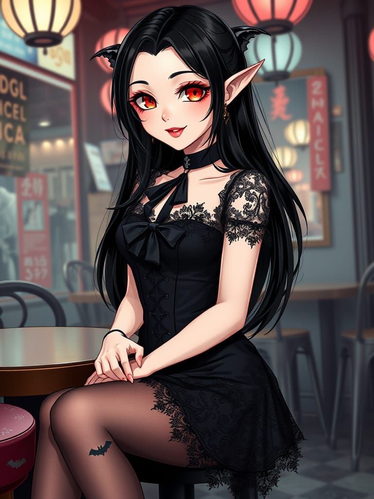Hyperrealistic Vampire Girl in Gothic Cosplay Café