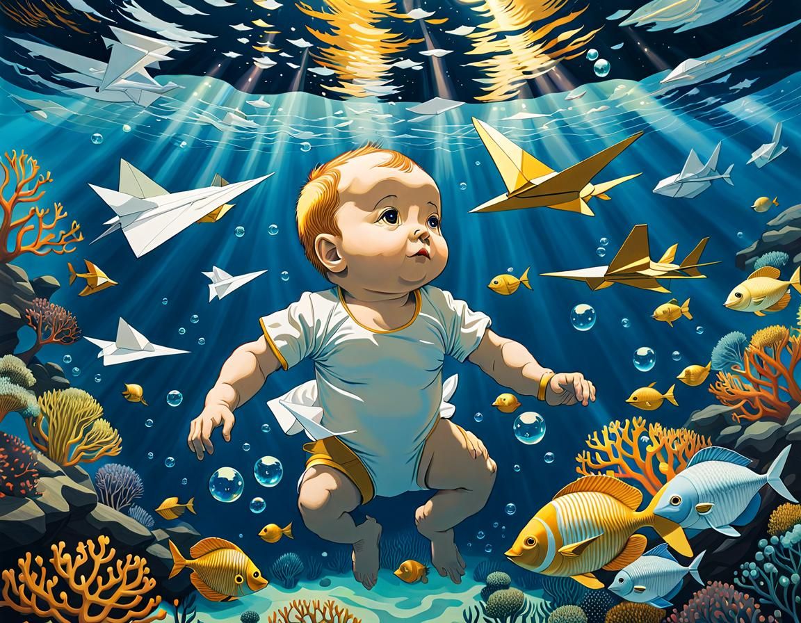 Underwater Baby with Paper Airplane in Shin-hanga Style