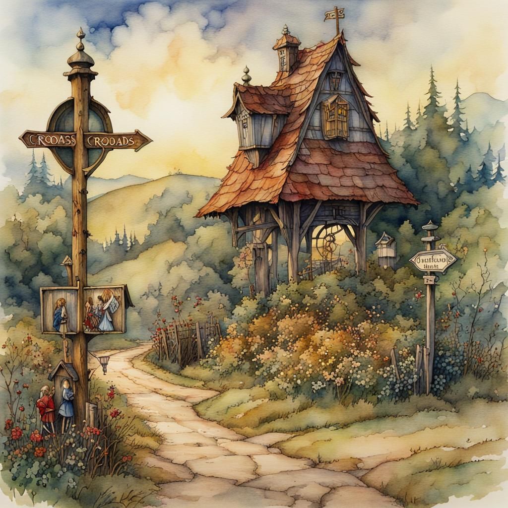 Fairytale Crossroads in Arthur Rackham Style