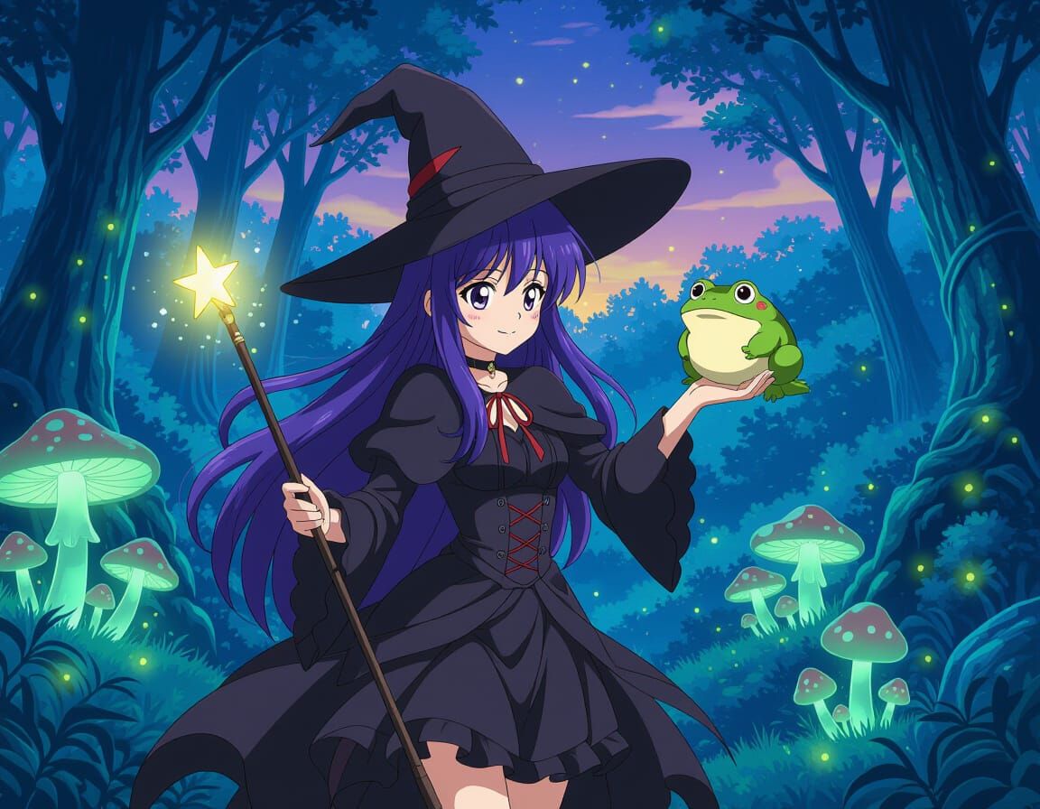 Anime Witch Levitate Toad in Mystical Forest