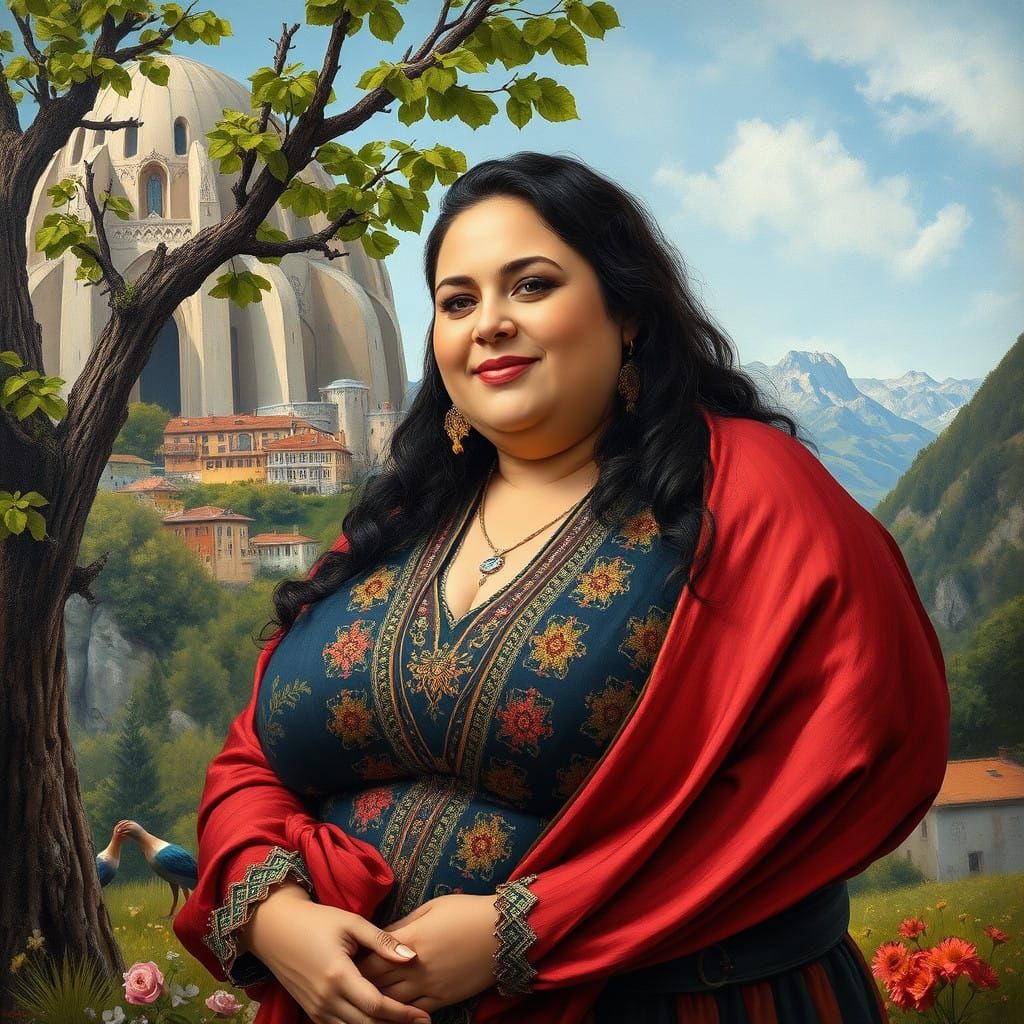 Chubby Beauty Representing Andorra in Vibrant Landscape