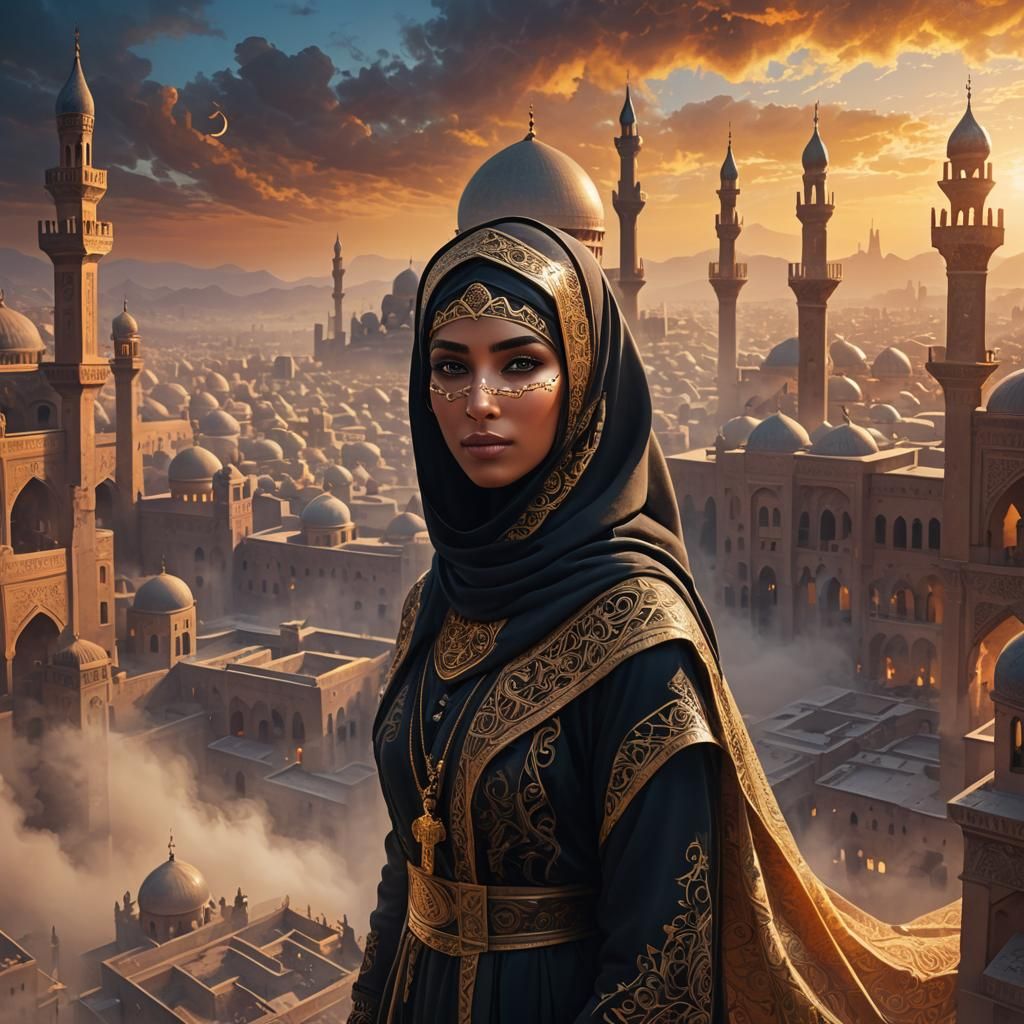 Mystical Muslim Woman in Fantasy Cityscape