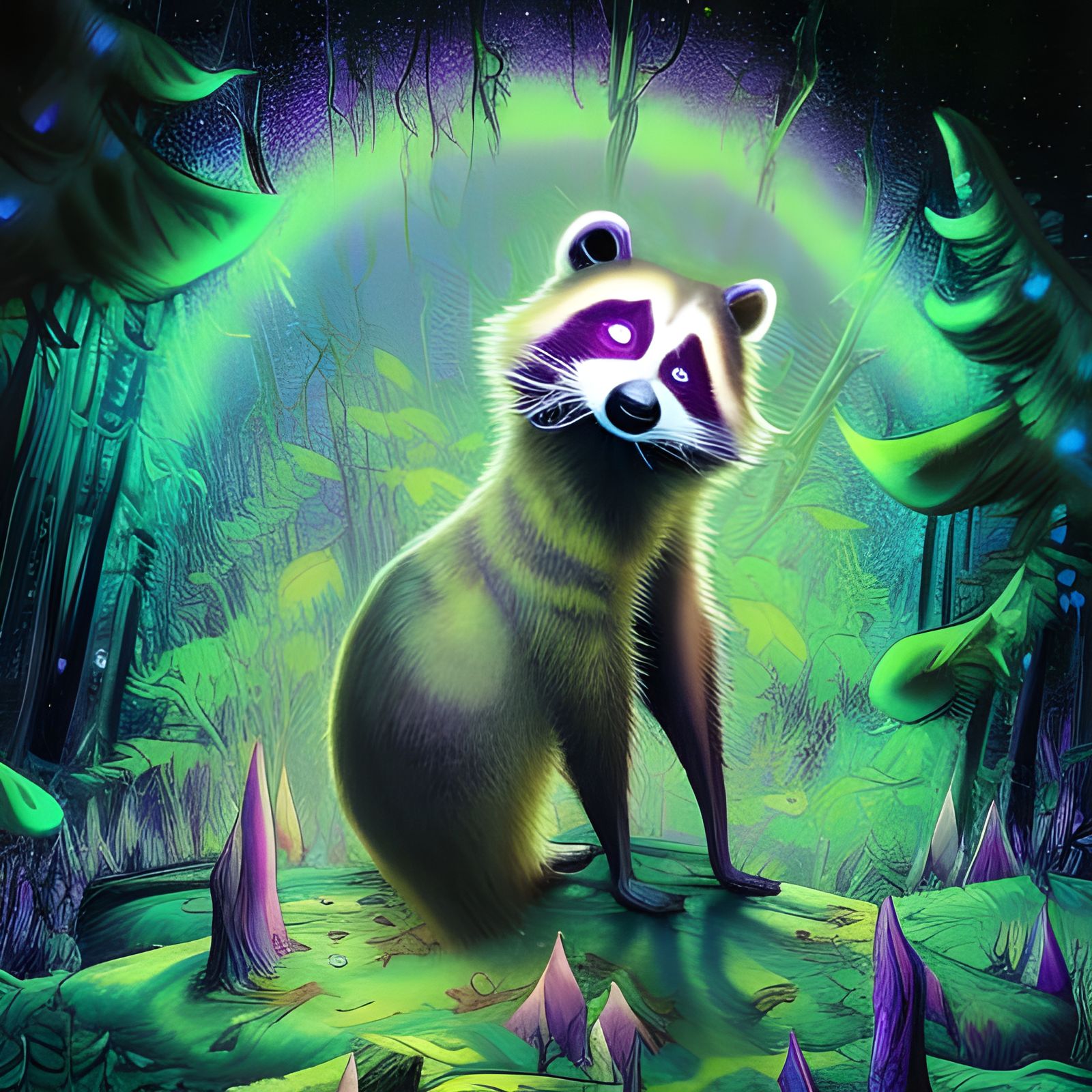 Cosmic Raccoon Spirit Animal in Bioluminescent Forest