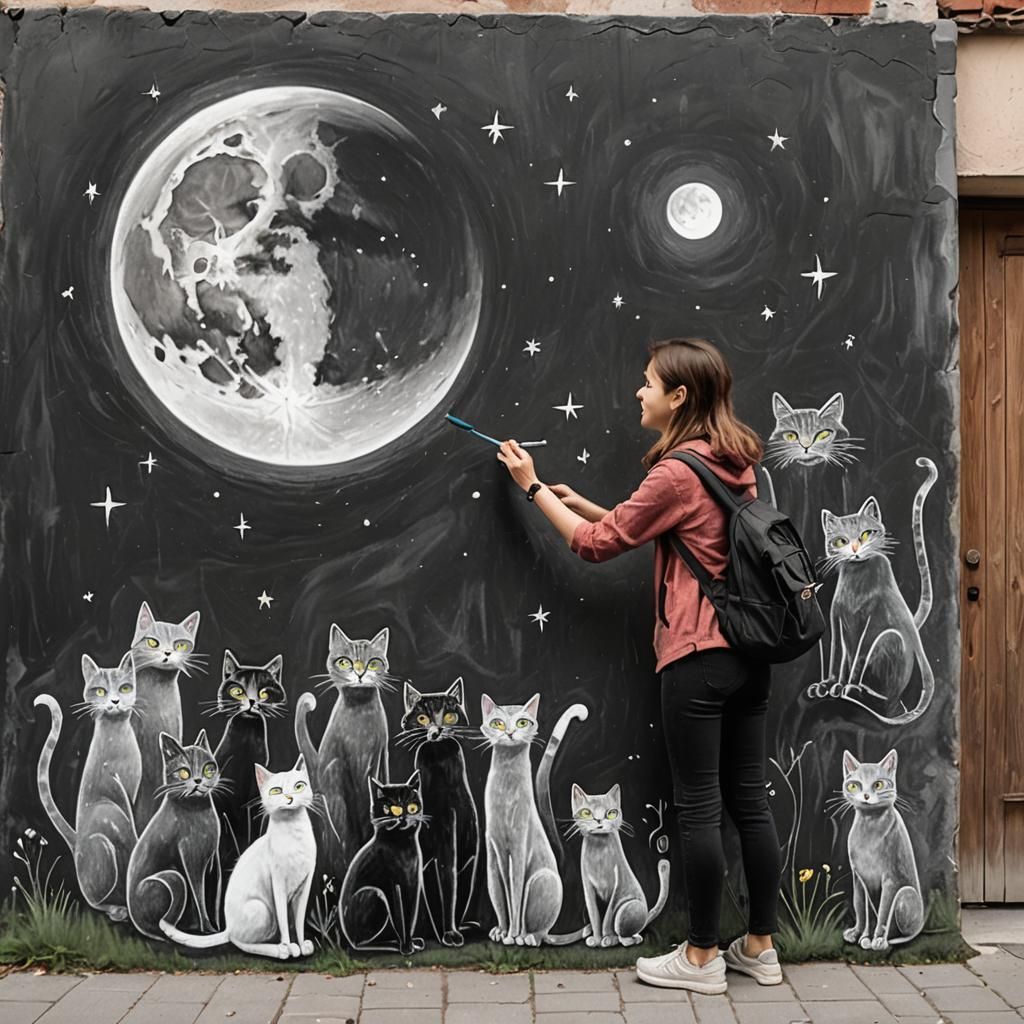 Charming Chalk Art: Woman Draws Cats on Wall