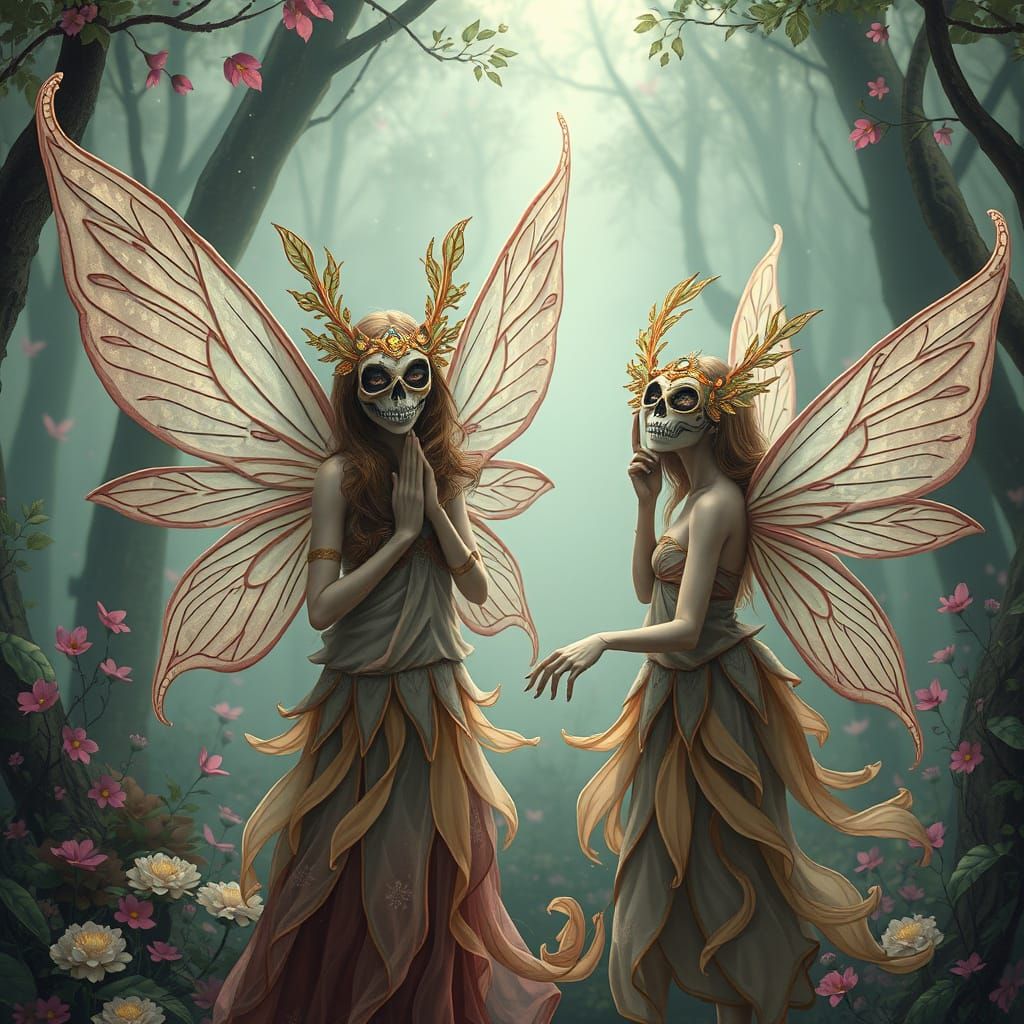 Fairies in Skull Masks: A Fantasy Illustration