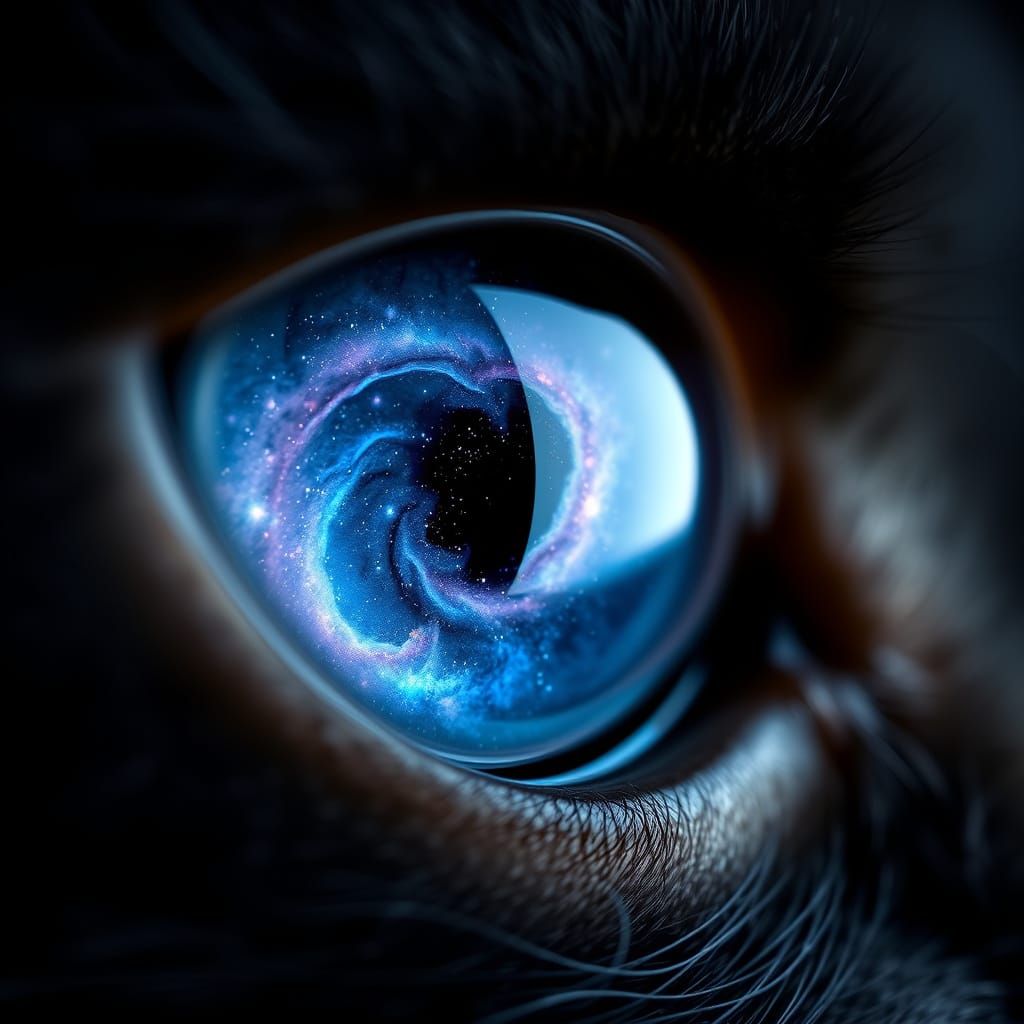 Black Kitten's Eye Reflecting a Galaxy