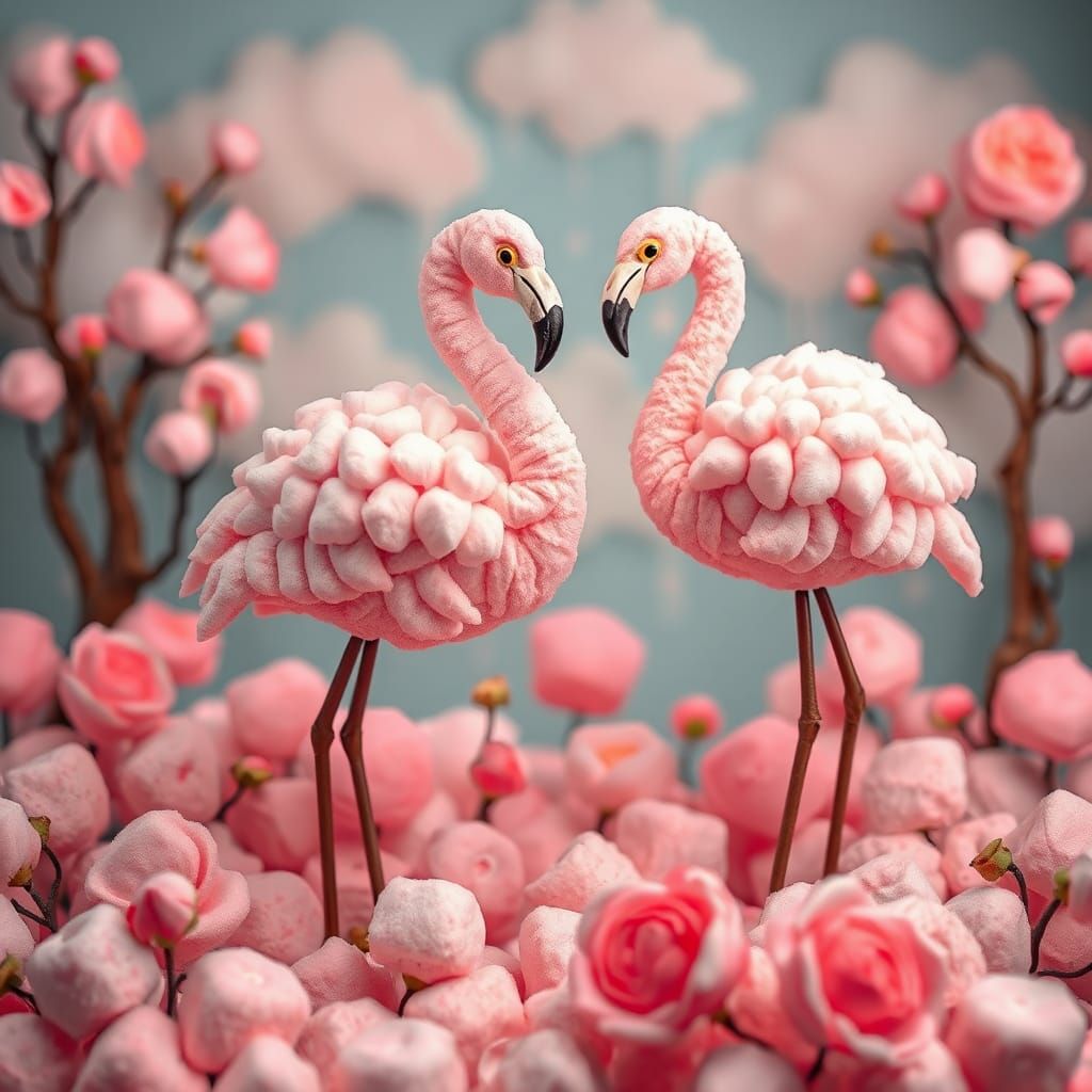 Marshmallowpunk Flamingos in Cotton Candy Landscape
