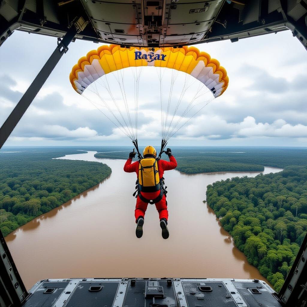 Parachutist Over Amazon River in Hyperreal Style