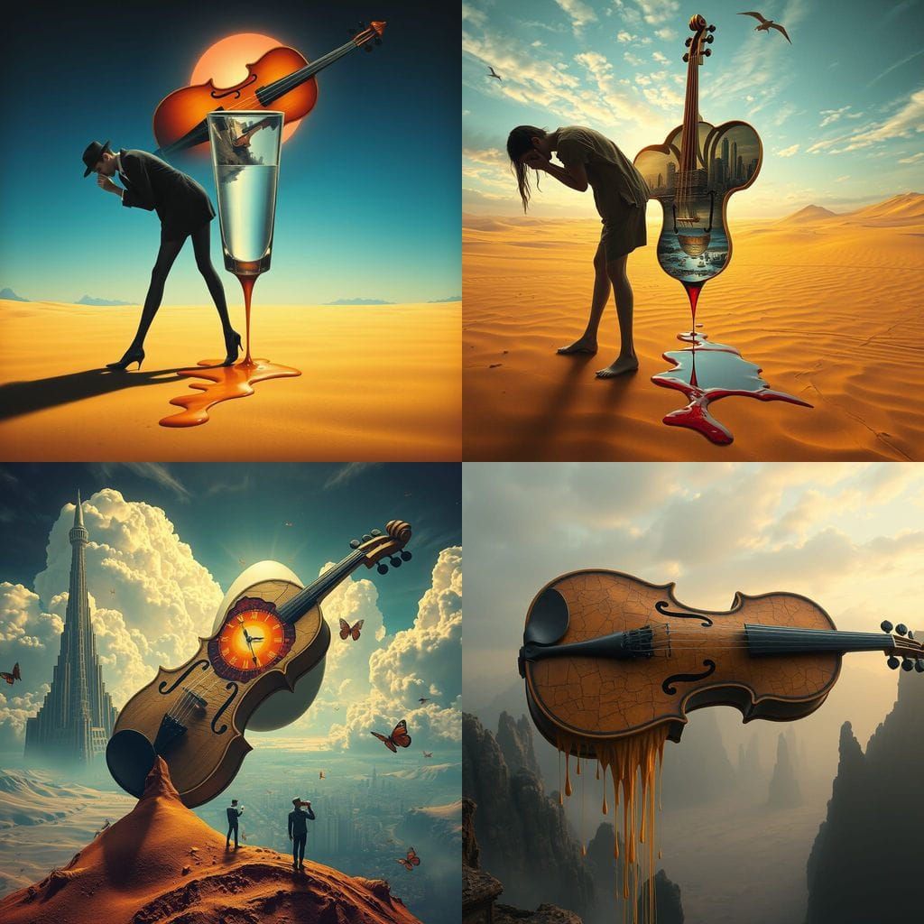 Surreal Violin Bleeding Golden Sand Above Melting Stairs