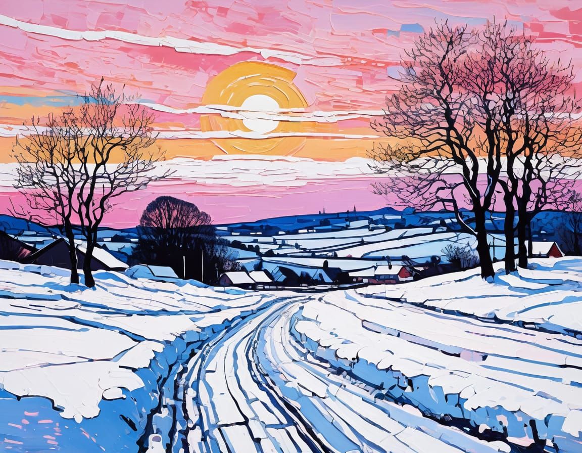 Grunge Winter Landscape with Pink Sunset