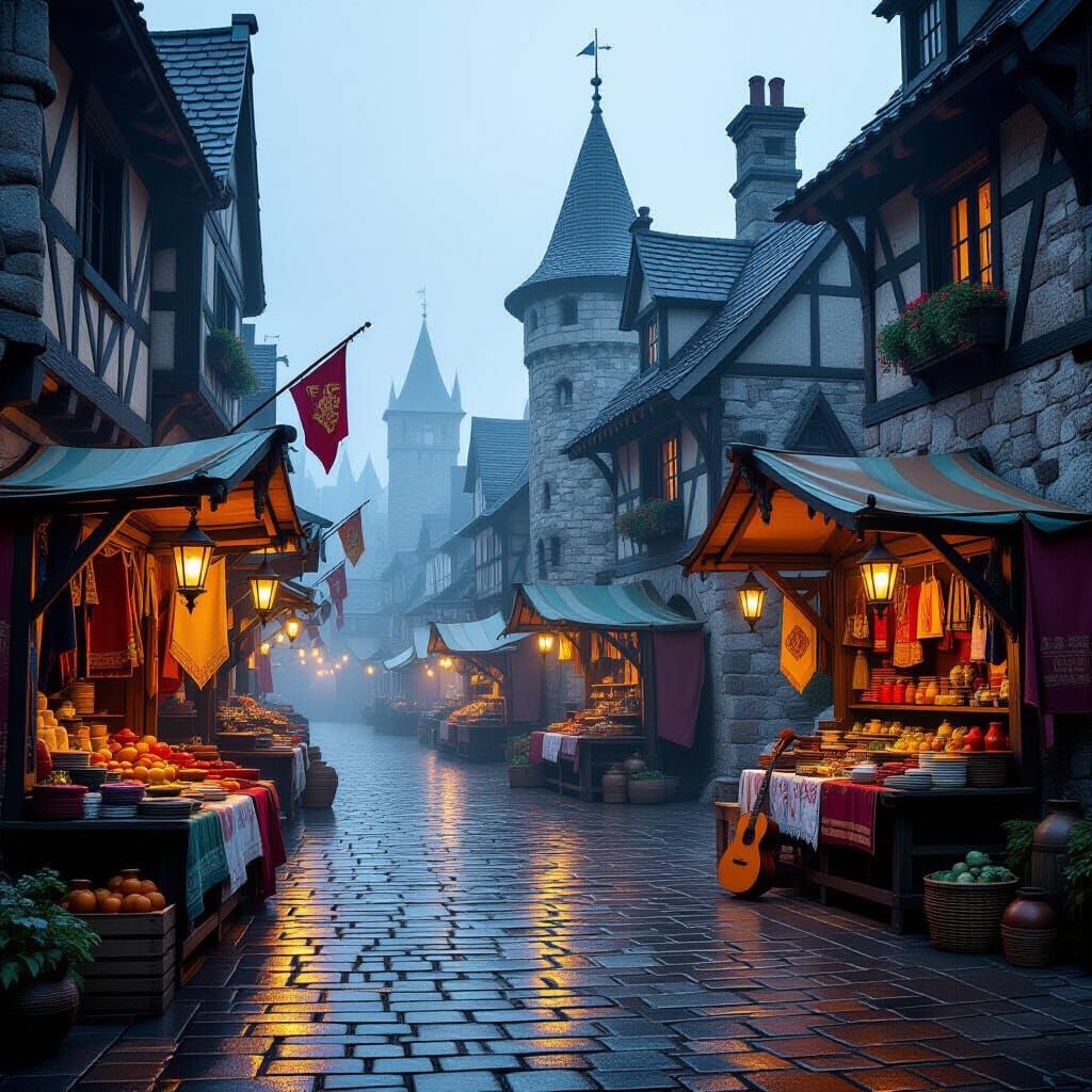 Empty Medieval Fairground Under Atmospheric Lantern Light
