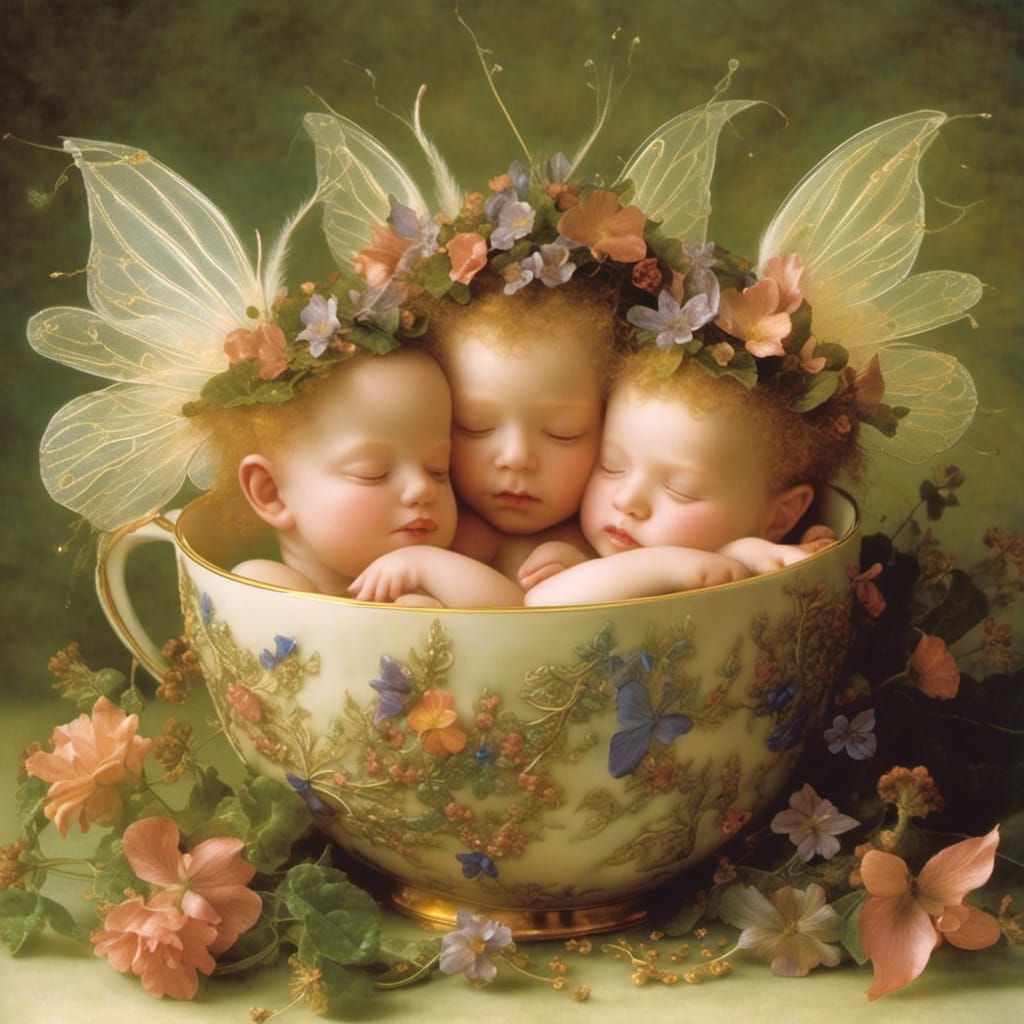 Baby Fairies Sleeping in Teacup, Hyperreal